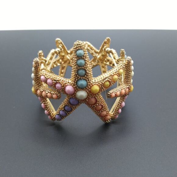 Pastel Starfish Stretch Bracelet, Gold Tone Starfish Pastel Cabochons, 7 Inches - Picture 5 of 12